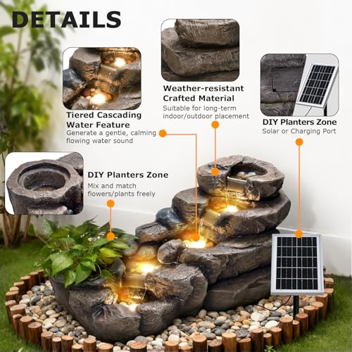 Image of 38.2 inch L Solar Water Fountain Outdoor Rock Waterfall Fountains