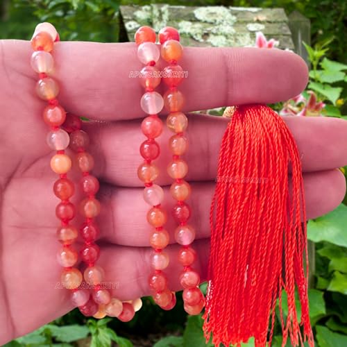 Image of Apnisanskriti Premium Carnelian Stone Mala for Men and Women (6mm, AAA Quality, Lab Certified, 108+1) - Natural Stone Beads Mala - Orange & White Bands Colour - Pack of 1
