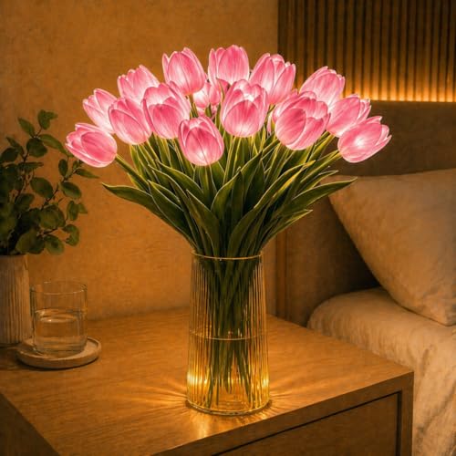 Radiant Romantic Tulip Light - 20 PCS Lighted Tulips Real Touch PU Twinkling Tree Tulips 15-Inch Minimalist Floral Ambient Night Lamp for Bedside & Decor (Vase Not Included)