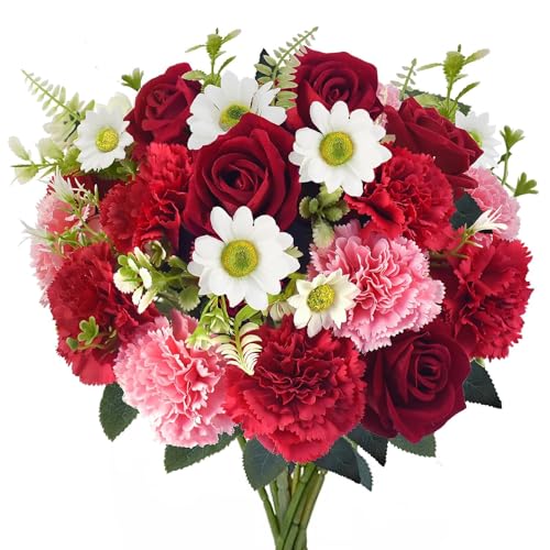 HUAESIN Artificial Valentine Flowers Pink Red Valentines Bouquet with Silk Carnations Velvet Roses Valentines Day Decor Flower Arrangements for Cemetery Grave Home Decor Table Centerpieces