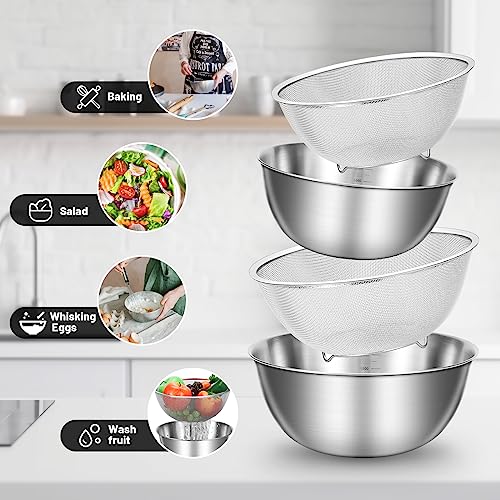 Letemps Stainless Steel Mixing Bowl Set 4 Packs 3Qt 5Qt, Nesting Bowls With Stainless Steel Colanders, Mixing Cooking Draining And Food Storage Metal Mixing Bowls #TOP4
