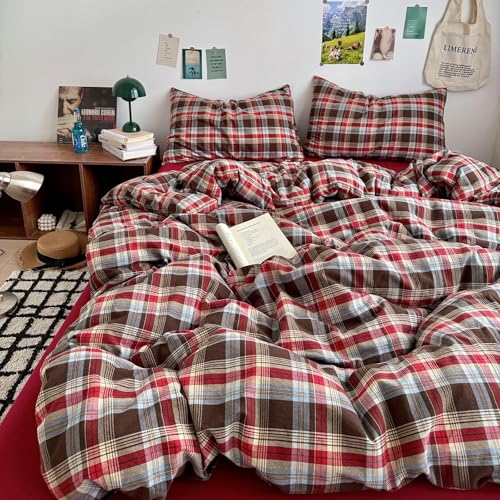 Image of mixinni Vintage Red & Brown Buffalo Plaid Duvet Cover Set Queen Size - 3 Piece Washed Cotton Bedding Set with Classic Checkered Pattern, Cozy Farmhouse Duvet Cover with Pillowcases for All Seasons
