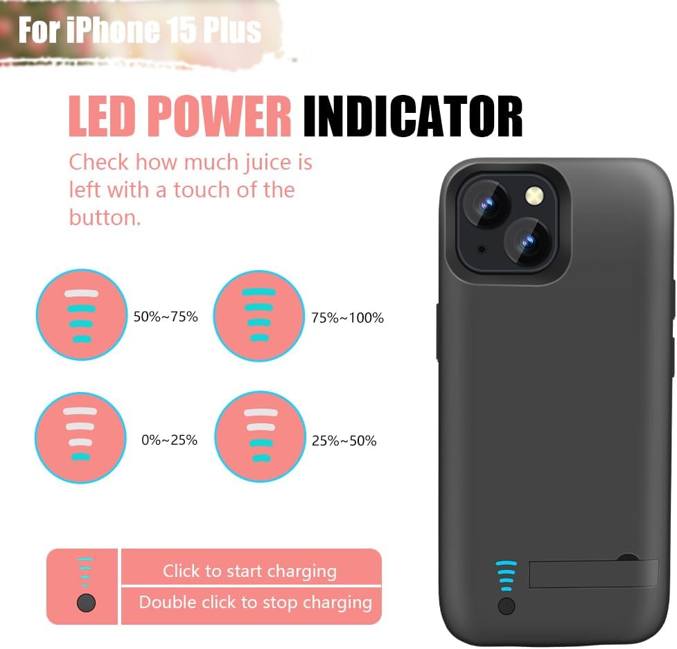 Battery Case for iPhone 15 Plus, 6000mAh Rechargeable Extended Battery Charging Charger Case, Add 100% Extra Juice (6.7 Inches) Black
