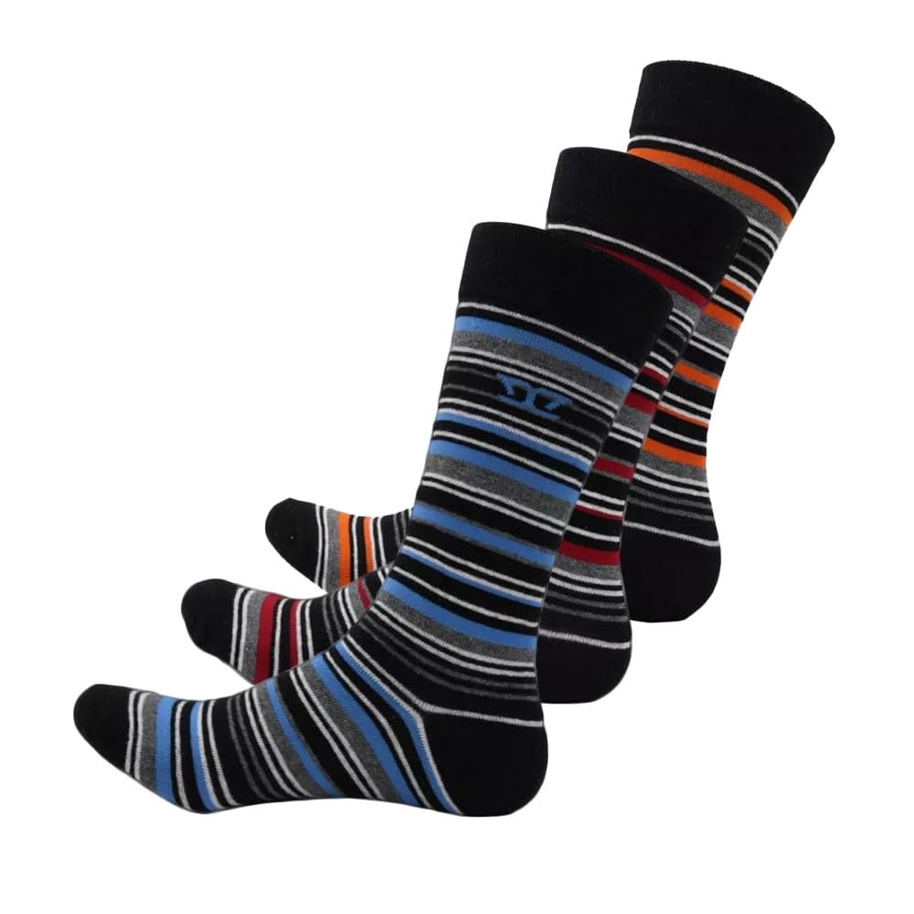 D555Kingsize Cotton Rich Luxury Striped Socks 3 Pair Pack Roxton Big Foot Mens Soft Blue Red Orange Assorted Reinforced Toe and Heel