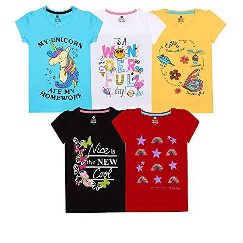 Image of Clotth Theory Girls Super Combed Cotton Regular Fit Round Neck Printed Short Sleeve Tshirt -Combo Pack of 5