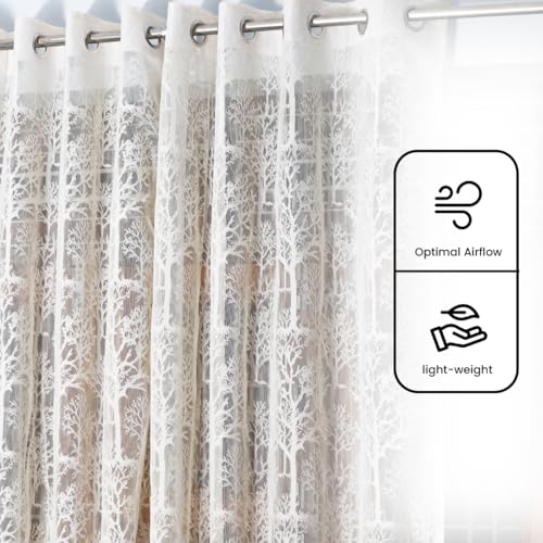 Image of Fabrilia Cream Net Curtains Set of 2 | Sheer Tree Pattern Drapes for Long Door 9 feet | Semi Transparent Curtain for Living Room, Bedroom & Balcony