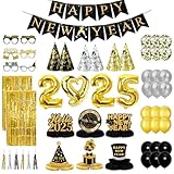 Suministros de fiesta de Año Nuevo 2025, kit de decoración de Año Nuevo 2025 con pancarta de Feliz Año Nuevo, sombreros, gafas, soplados, globos de látex, panal, cortinas, globos de aluminio 2025