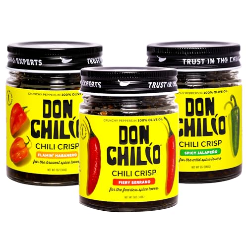 Image of Don Chilio Mexican Chile Crisp Variety Bundle, 5 oz., 3 Pack - Crunchy Sliced Habanero, Jalapenos & Serrano Fried Chili Peppers in Hot Seasoned 100% Olive Oil - Keto-Friendly, Vegan, Gluten Free