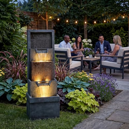 Image of Hamiedun 39.3 inchH Outdoor Garden Waterfall Fountain-Indoor Water Fountain with LED Lights, for Gardens, Landscaping, Patios, Balconies, Office,and Lawns for a Calming Oasis in Outdoor Living Art Decor