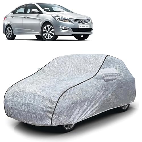 Image of Sulfar 100% Waterproof Car Body Cover Compatible with Mirror for Hyundai Fluidic Verna 4S (Triple Stitched, Full Bottom Elastic, Magic Silver with Black Piping)