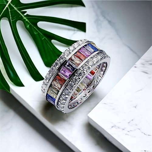 14K Gold Plated Multicolor Baguette Cut Gemstone Sterling Silver Ring Eternity Bands for Women Size 6-123