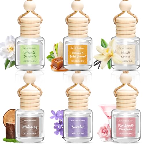 Vetuslumen 6 Pack Car Air Freshener for Women, Long Lasting Slow-Release Natural Essential Oil Scents Air Freshener Diffuser, Hanging Cute Car Accessories, Refined Auto Interior Decor Gift (8ml Each)