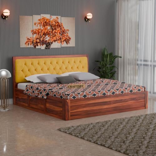Image of Solid Sheesham Wood King Size Bed with Box Storage | Yellow Upholstered Cushion Headboard | Wooden Double Bed for Bedroom | Palang /Cot /Mancham | Honey Finish