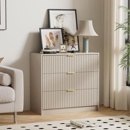 Image of Furniway 31.5 inch Large Nightstand with 3 Drawers, Fluted Bedside Table, Modern Tall End Table with Storage, Wood Night Stand Organizer Cabinet for Bedroom, Beige