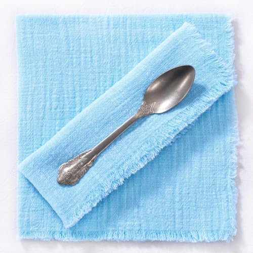 Image of MLMC 6 Pack Baby Blue Cloth Napkins with Fringe Boho Linen Napkins Washable Reusable Rustic Dinner Table Decor 17 inchx17 inch for Wedding Party Bridal Baby Shower Gender Reveal Decor