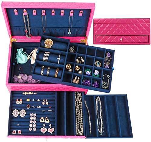 Joyero de piel sintética, elegante organizador con bandejas de cajón y espejo para collares, aretes, anillos y más