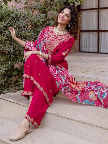 Image of INDO ERA Women's Rayon Viscose Rayon Embroidered Straight Kurta & Salwar with Dupatta Set