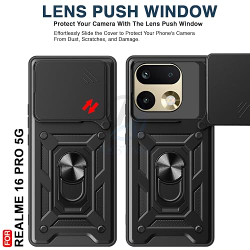 Image of AESTMO Tough Armor Realme 16 Pro 5G Bumper Back Case Cover | Ring Holder & Sliding Camera Shield Cover | 360 Degree Protection Back Case Cover for Realme 16 Pro 5G (Black)
