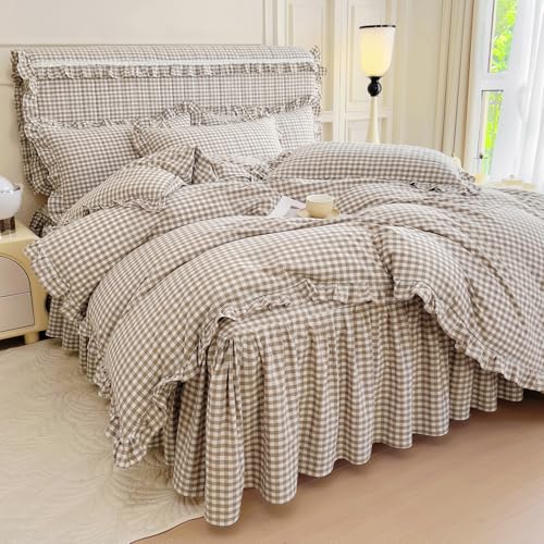 Image of mixinni Tan Gingham Ruffle Duvet Cover King Size 3 Pieces - 100% Washed Cotton, Vintage Plaid Ruffled Bedding Set with Zipper Ties, Soft Cream Checkered Grid Farmhouse Chic Comforter Cover Set