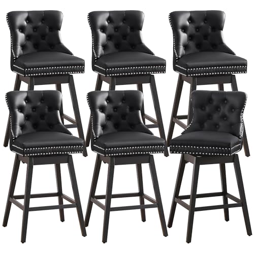 Image of Counter Height Bar Stools, Faux Leather 360 Swivel Bar Stools with Back, Upholstered Tufted Counter Height Chairs, Solid Wood Legs, (Black, 26 inch H Seat, Set of 6)