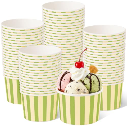 Image of Zopeal 50 Count Green and Cream Striped Ice Cream Cups Paper Dessert Bowls | Disposable 9 oz Ice Cream Bowls, Birthday Party Supplies, Snack Cups Sundae Picnic Yogurt Bowls for Food
