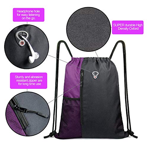 Image of BeeGreen Purple Drawstring Backpack Sports Gym Bag for Women Men Large Cinch Sack workout Bag with Zipper and Water Bottle Mesh Pockets, 16 x 20 inch