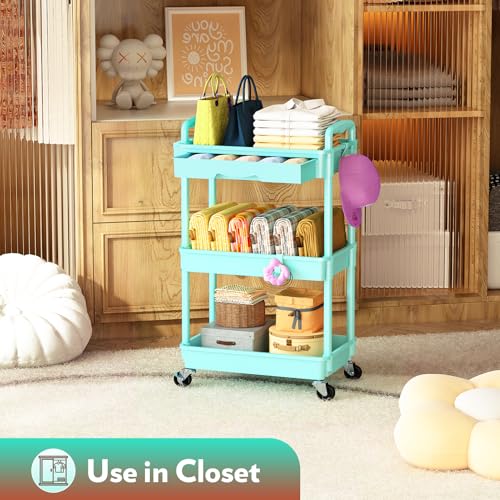 Image of SUNALLY Makeup Cart Organizer with Drawer, 3 Tier Rolling Makeup Cart, Blue