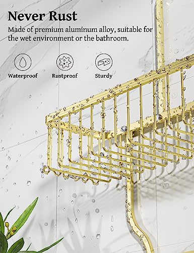 YASONIC Shower Caddy Over Shower Head Never Rust Aluminum Large Hanging Shower Caddy with 10 Hooks for Razor/Sponge - Over The Shower Head Caddy with Soap Basket - Hanging Shower Organizer Gold