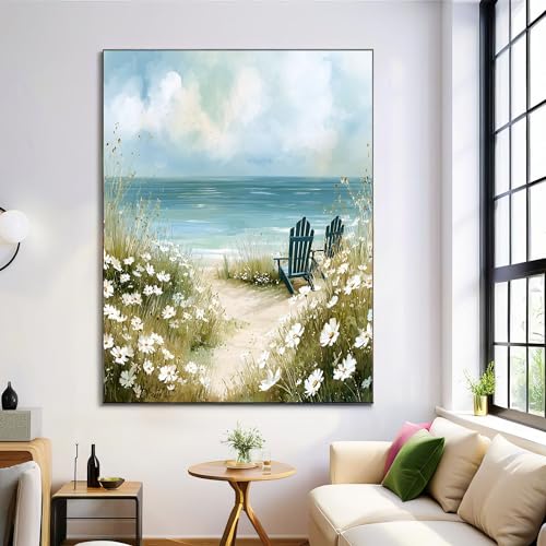 Peintures modernes pour salon avec paysage de plage bleu clair et fleurs de mer