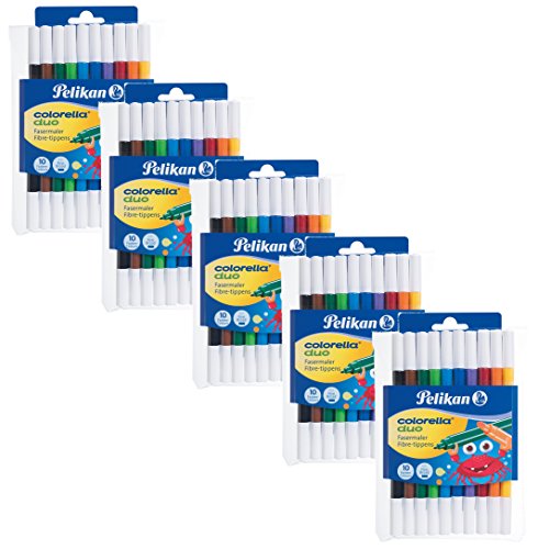 5er Set Pelikan, 5x 10 Fasermaler Colorella Duo (5, 10 Farben Etui)