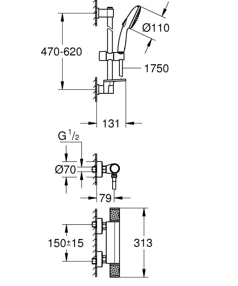 GROHE Precision Feel, Duschset mit Thermostat wassersparend, 8l pro Min (Duscharmatur hält Temperatur konstant, Duschkopf 3 Strahlarten, 1,75m Schlauch, Duschstange 60cm, 3in1 Tool), chrom, 34791001