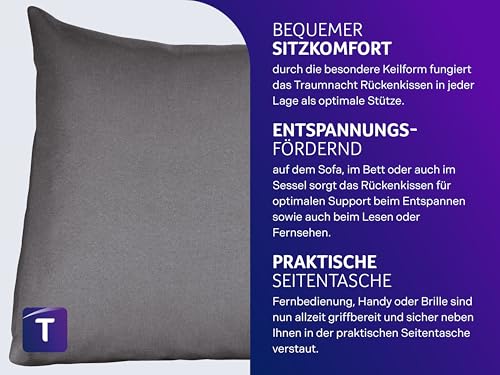 Traumnacht Cozy Rückenkissen, Lesekissen, 70 x 40 cm dunkelgrau, abnehmbarer,waschbarer Bezug aus 100% Polyester,praktisches Seitenfach,Öko-Tex zertifiziert,produziert nach deutschem Qualitätsstandard