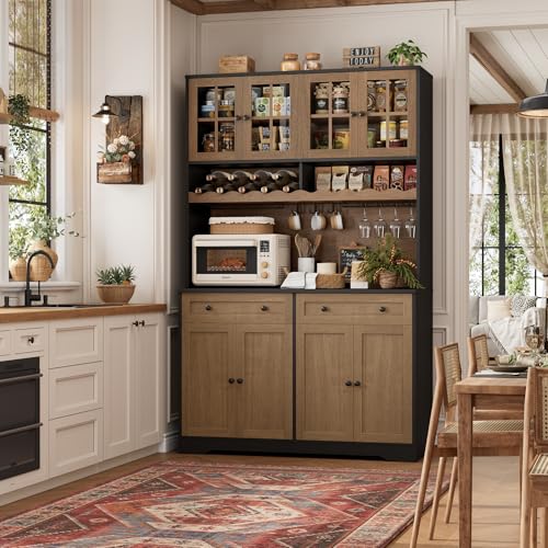 Image of HOSTACK 75.4 inch Tall Kitchen Pantry Cabinet with Charging Station, Modern White Kitchen Hutch with Microwave Stand and Wine Rack, Large Food Pantry Storage Cabinet with Glass Doors and Drawers, Brown