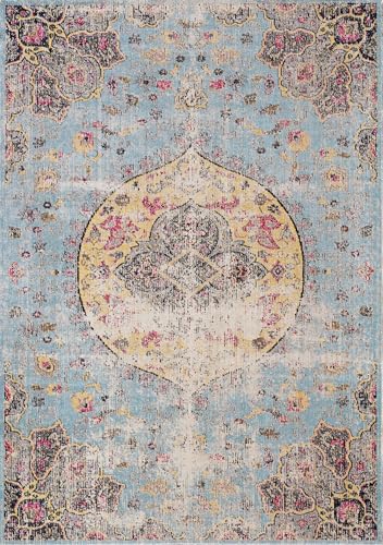 RUG BRANCH 4' x 6' (3'11'' x 5'7'') Distressed Indoor Area Rug, Blue Yellow, Contemporary Modern - Living Room, Bedroom, Dining Room, and Kitchen