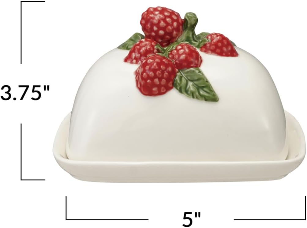 Creative Co-Op Stoneware Butter Dish with Glaze, Hand-Painted White, Red, and Green