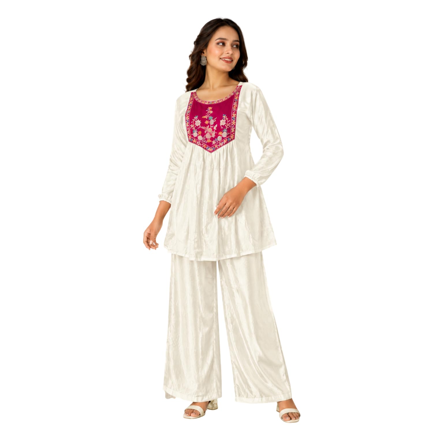 Embroidered Sharara Set for Women | Roman Silk Short Kurta with Flared Sharara Pants | Designer Festive Ethnic Wear Suit Set for Weddings, Sangeet & Celebrations-image-26