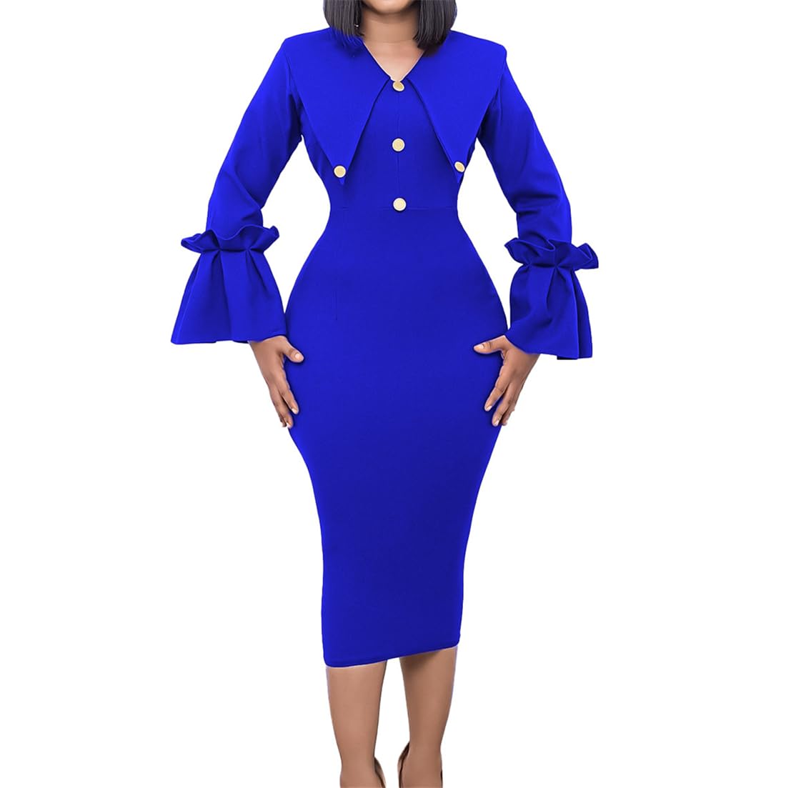 Women Summer Ruffle Sleeve Collared V Neck Fit and Flare Elegant Business Work Pencil Dress Church Dresses