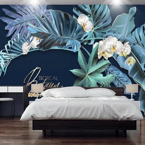 Papier peint 3D feuilles bleues et fleurs blanches sur mesure pour salon