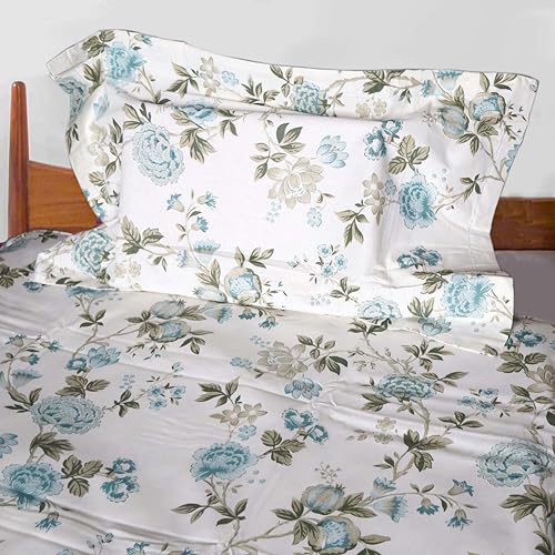 Image of Pure Source India Pure Cotton Elegance Bedding Set, Dreamy Cotton Comfort Double Bed Sheet with Pillow Covers (Ivory Green Blue Flora)