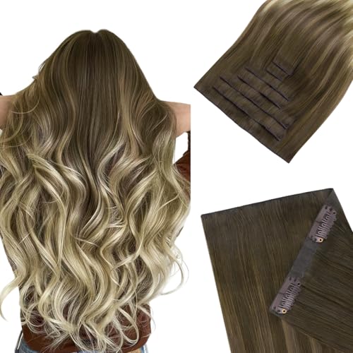 HOTBANANA Invisi Edge Clip in Hair Extensions, 24inch 120g 7Pcs Injected Seamless Clip in Extensions Real Human Hair Ombre Walnut Brown to Ash Brown and Bleach PU Hair Extensions Straight Hair