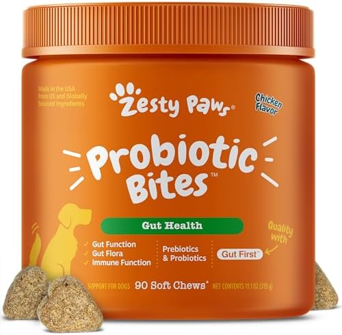 Zesty Paws Probiotics for Dogs, Digestive Enzymes Gut Flora, Digestive Health, Diarrhea & Bowel Support, DE111, Dog Probiotics Soft Chew for Pet Immune System, Chicken, 90 Ct