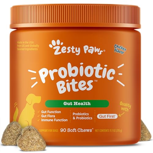 Zesty Paws Probiotics for Dogs, Digestive Enzymes Gut Flora, Digestive Health, Diarrhea & Bowel Support, DE111, Dog Probiotics Soft Chew for Pet Immune System, Chicken, 90 Ct