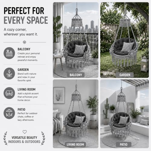 Image of Premium King Size Hammock Chair Swing with Cushion, 200kg Capacity | Indoor Outdoor Heavy Duty Adults & Kids Hanging Jhula for Home, Garden, Patio & Balcony | 1 Year Warranty (Grey)