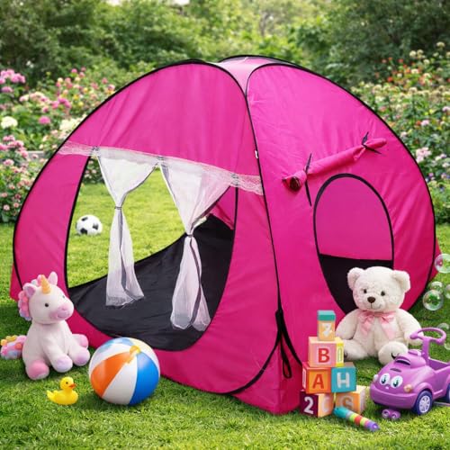 Image of SILVER SHINE Foldable Kids Play Tent House | Pop-Up Indoor & Outdoor Playhouse for Boys & Girls | Multi-Purpose Tent with Fun Patterns - Easy Setup & Portable (Pink)