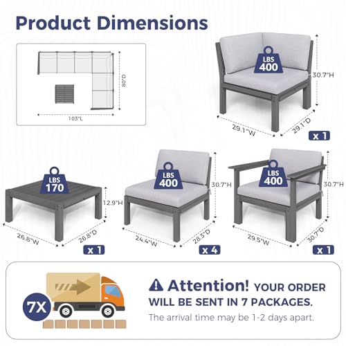 Image of Modular Outdoor Patio Conversation Set, 7-Piece L-Shaped Sectional Sofa Set with Coffee Tables & Thick Cushions, Easy Side Interlock, HIPS All-Weather Patio Furniture Set for Backyard, Deck, Poolside