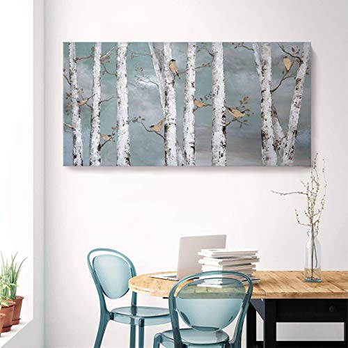 Image of Ejart Large Tree Wall Art Hand-Painted Landscape Forest Oil Painting Gallery Wrapped Framed Canvas Bird Birch Artwork 'White Birch at Night' for Living Room Bedroom Office Decor Teal White 48 inchx24 inch
