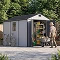 Patiowell 8x10 FT Resin Outdoor Storage Shed with Floor, Large Plastic Clearance Sheds with Lockable Door, Garden Tool Shed with Window for Backyard, Patio Storage, Light Gray