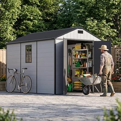 Patiowell 8x10 FT Resin Outdoor Storage Shed with Floor, Large Plastic Clearance Sheds with Lockable Door, Garden Tool Shed with Window for Backyard, Patio Storage, Light Gray