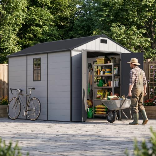 Image of Patiowell 8x10 FT Resin Outdoor Storage Shed with Floor, Large Plastic Clearance Sheds with Lockable Door, Garden Tool Shed with Window for Backyard, Patio Storage, Light Gray