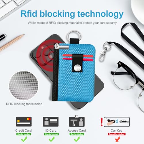 Image of Minimalist RFID Blocking Small Wallet with ID Window,WaterResistant Zip Id Case Wallet with Lanyard Keychain for Cards,Cash,Travel,Women,Men (Lake Blue)